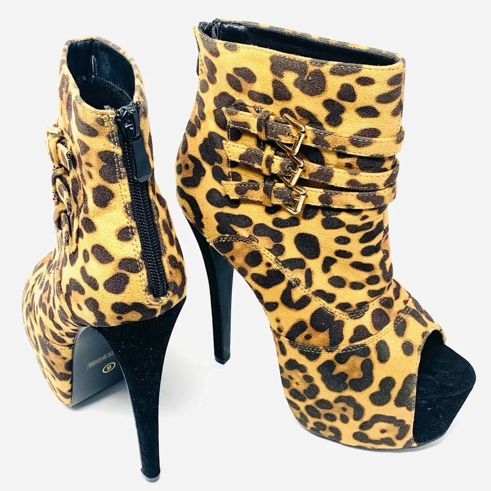 Generation Y Leopard Print Platform Heels Ankle Booties Stiletto Buckle Statemen